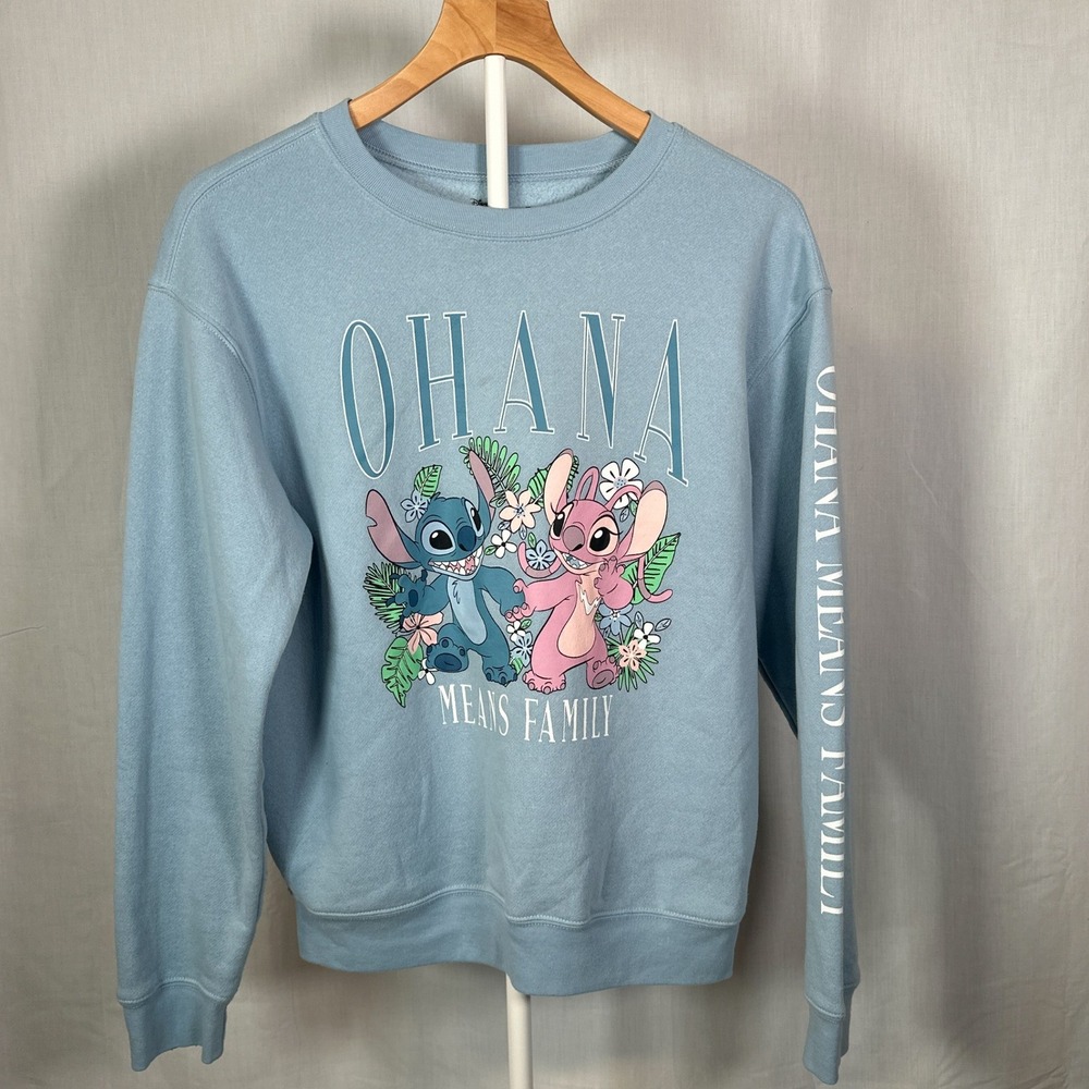 Disney Lilo & Stitch Ohana Means Family Blue Graphic Sweatshirt Small Angel
